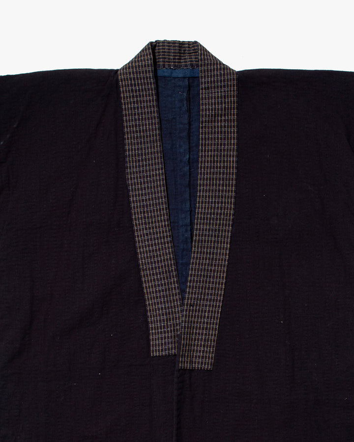Vintage Noragi Jacket, Fully Sashiko Stitched, Dark Indigo with Yellow Plaid Collar