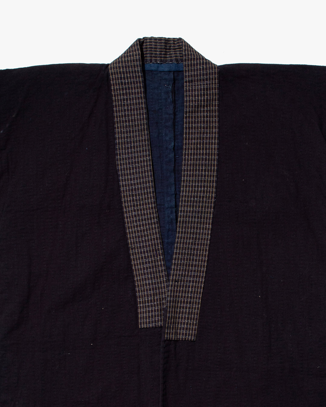 Vintage Noragi Jacket, Fully Sashiko Stitched, Dark Indigo with Yellow Plaid Collar