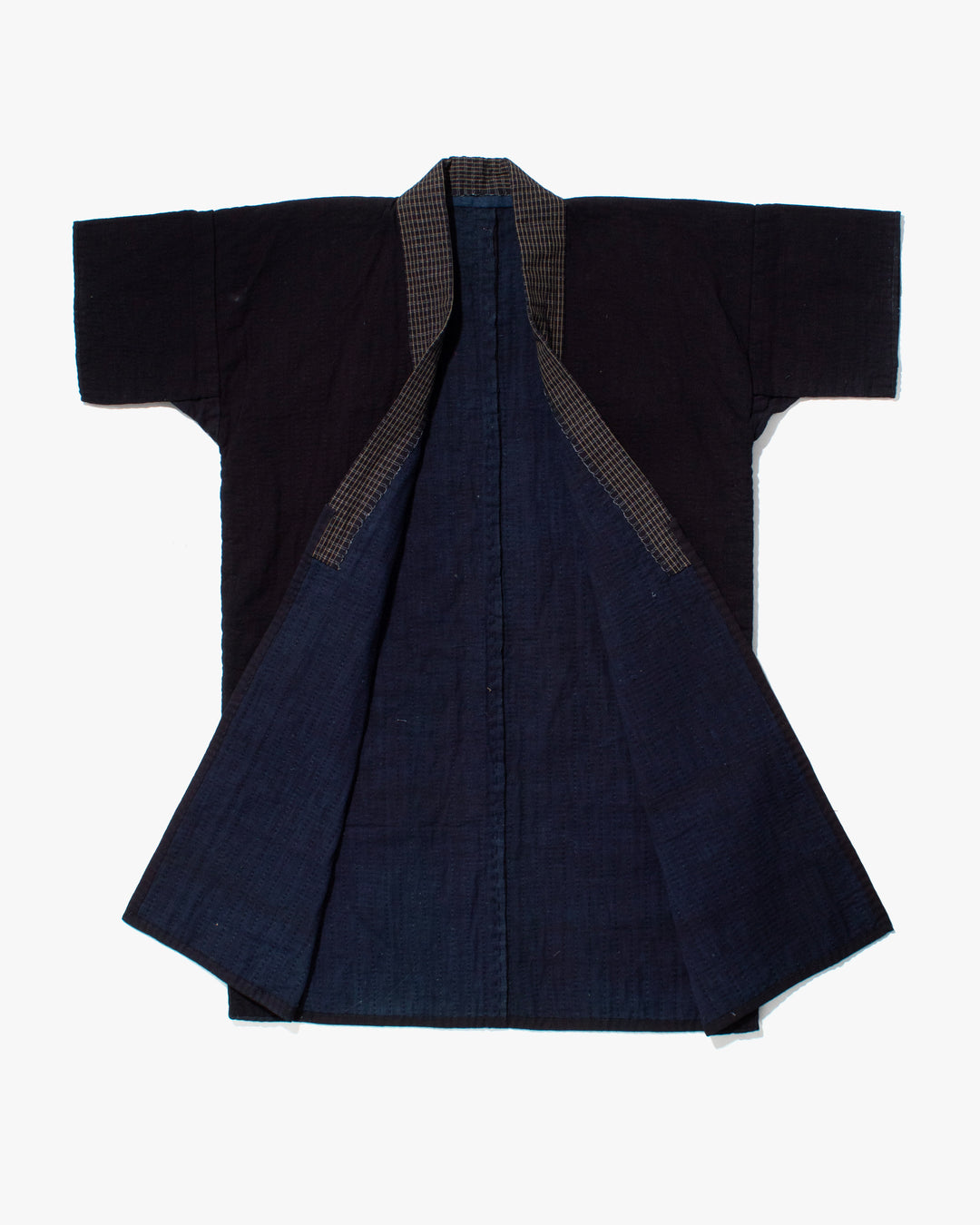 Vintage Noragi Jacket, Fully Sashiko Stitched, Dark Indigo with Yellow Plaid Collar