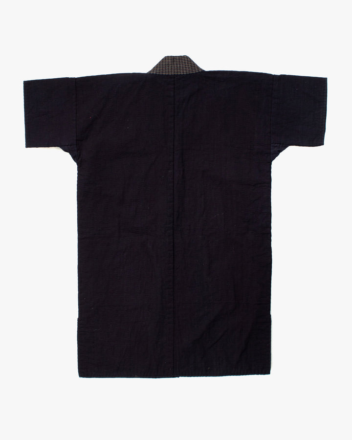 Vintage Noragi Jacket, Fully Sashiko Stitched, Dark Indigo with Yellow Plaid Collar