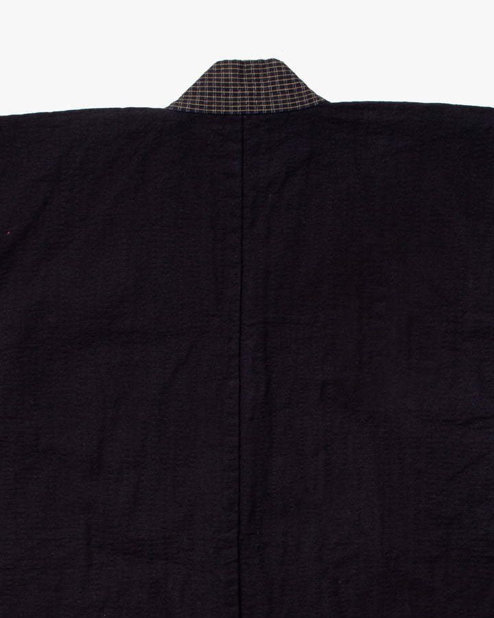 Vintage Noragi Jacket, Fully Sashiko Stitched, Dark Indigo with Yellow Plaid Collar