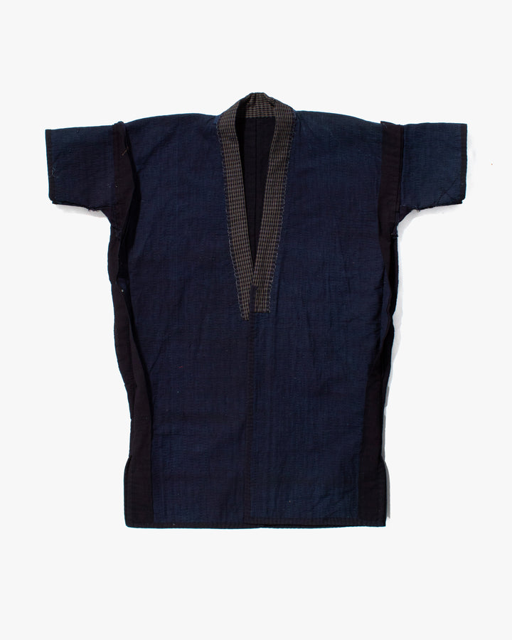 Vintage Noragi Jacket, Fully Sashiko Stitched, Dark Indigo with Yellow Plaid Collar