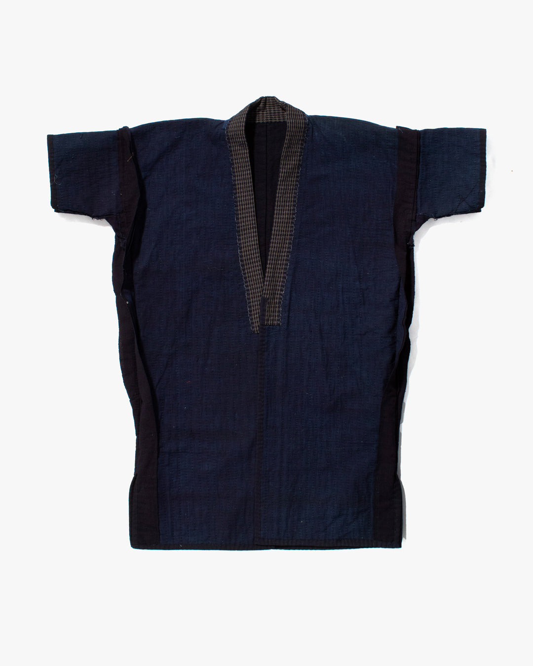 Vintage Noragi Jacket, Fully Sashiko Stitched, Dark Indigo with Yellow Plaid Collar