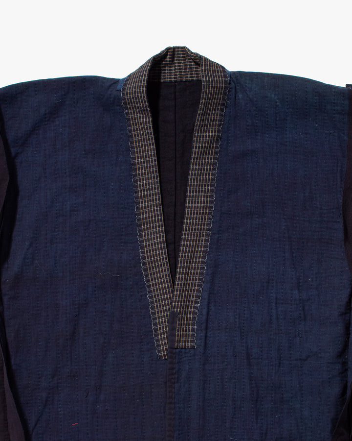 Vintage Noragi Jacket, Fully Sashiko Stitched, Dark Indigo with Yellow Plaid Collar
