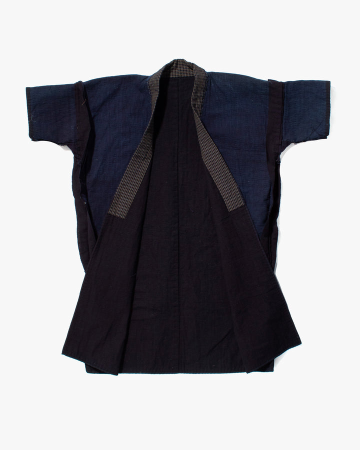 Vintage Noragi Jacket, Fully Sashiko Stitched, Dark Indigo with Yellow Plaid Collar