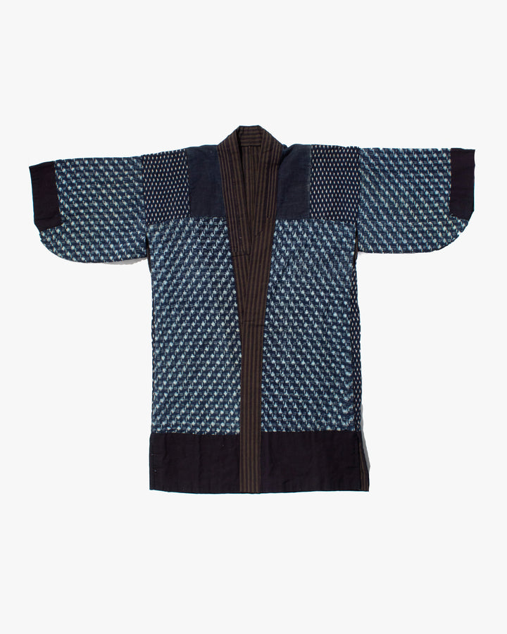 Vintage Noragi Jacket, Fully Sashiko Stitched, Yellow Stripe and Kasuri