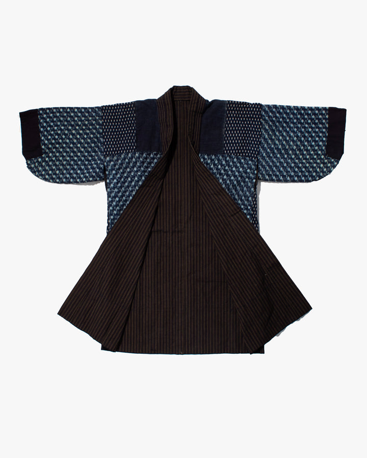 Vintage Noragi Jacket, Fully Sashiko Stitched, Yellow Stripe and Kasuri