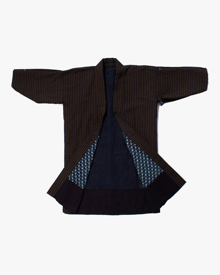 Vintage Noragi Jacket, Fully Sashiko Stitched, Yellow Stripe and Kasuri