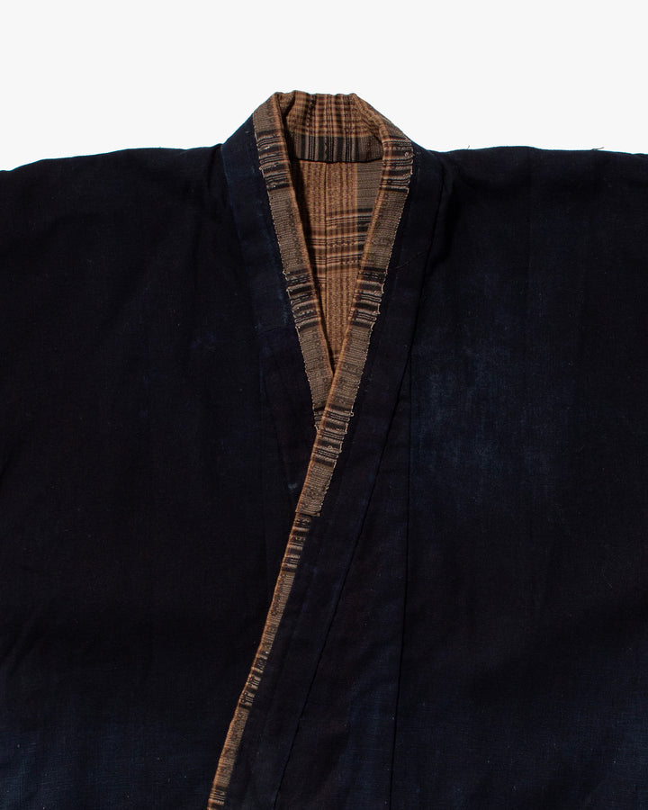 Vintage Noragi Jacket, Fully Sashiko Stitched, Brown Plaid and Indigo