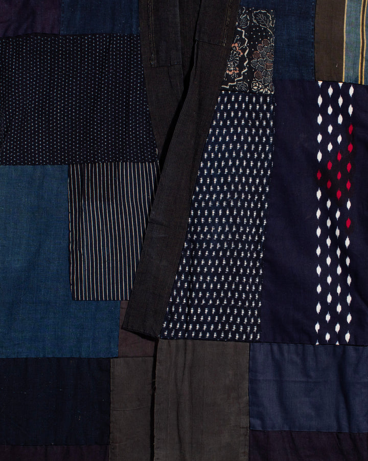 Vintage Noragi Jacket, Fully Sashiko Stitched, Thin Indigo Stripe with Blue Stitching and Patchwork