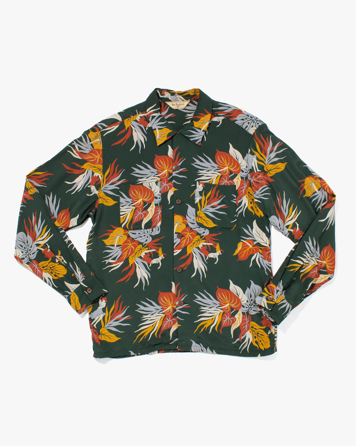 Japanese Repro, Long Sleeve Aloha Shirt, Radiall, Green with Multi Botanical - M