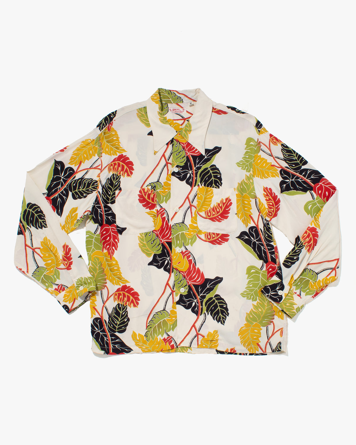 Japanese Repro, Long Sleeve Aloha Shirt, Sun Surf, White with Plant Leaves - M