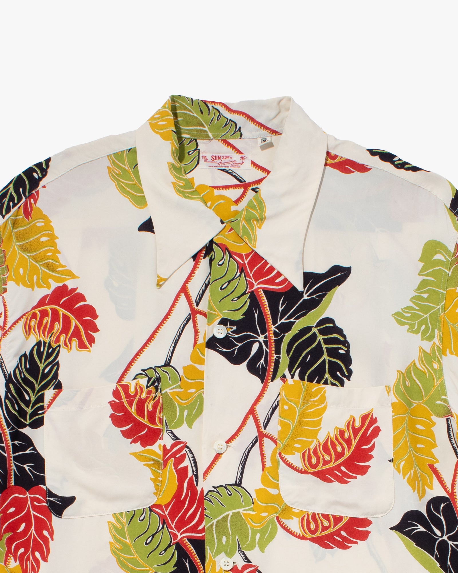 Japanese Repro, Long Sleeve Aloha Shirt, Sun Surf, White with Plant Leaves - M