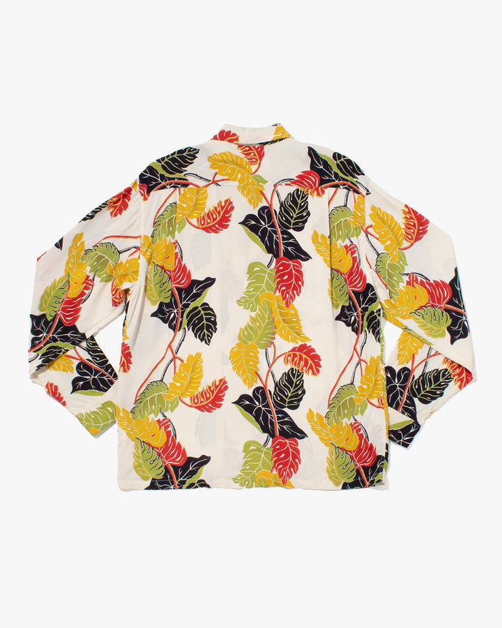 Japanese Repro, Long Sleeve Aloha Shirt, Sun Surf, White with Plant Leaves - M