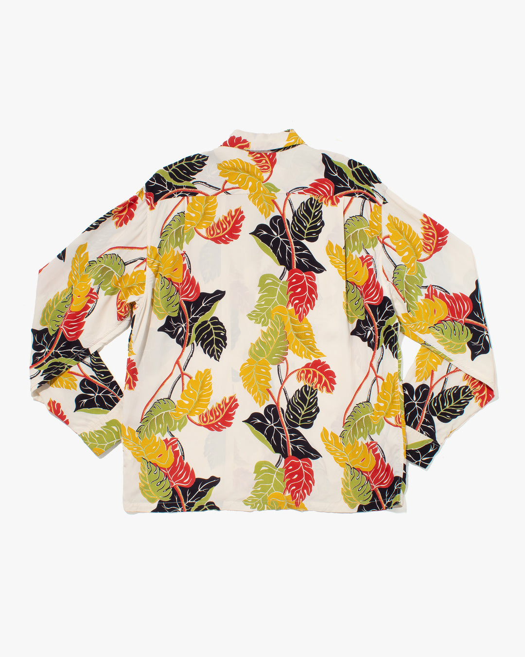 Japanese Repro, Long Sleeve Aloha Shirt, Sun Surf, White with Plant Leaves - M