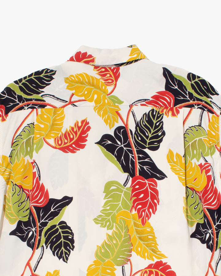 Japanese Repro, Long Sleeve Aloha Shirt, Sun Surf, White with Plant Leaves - M