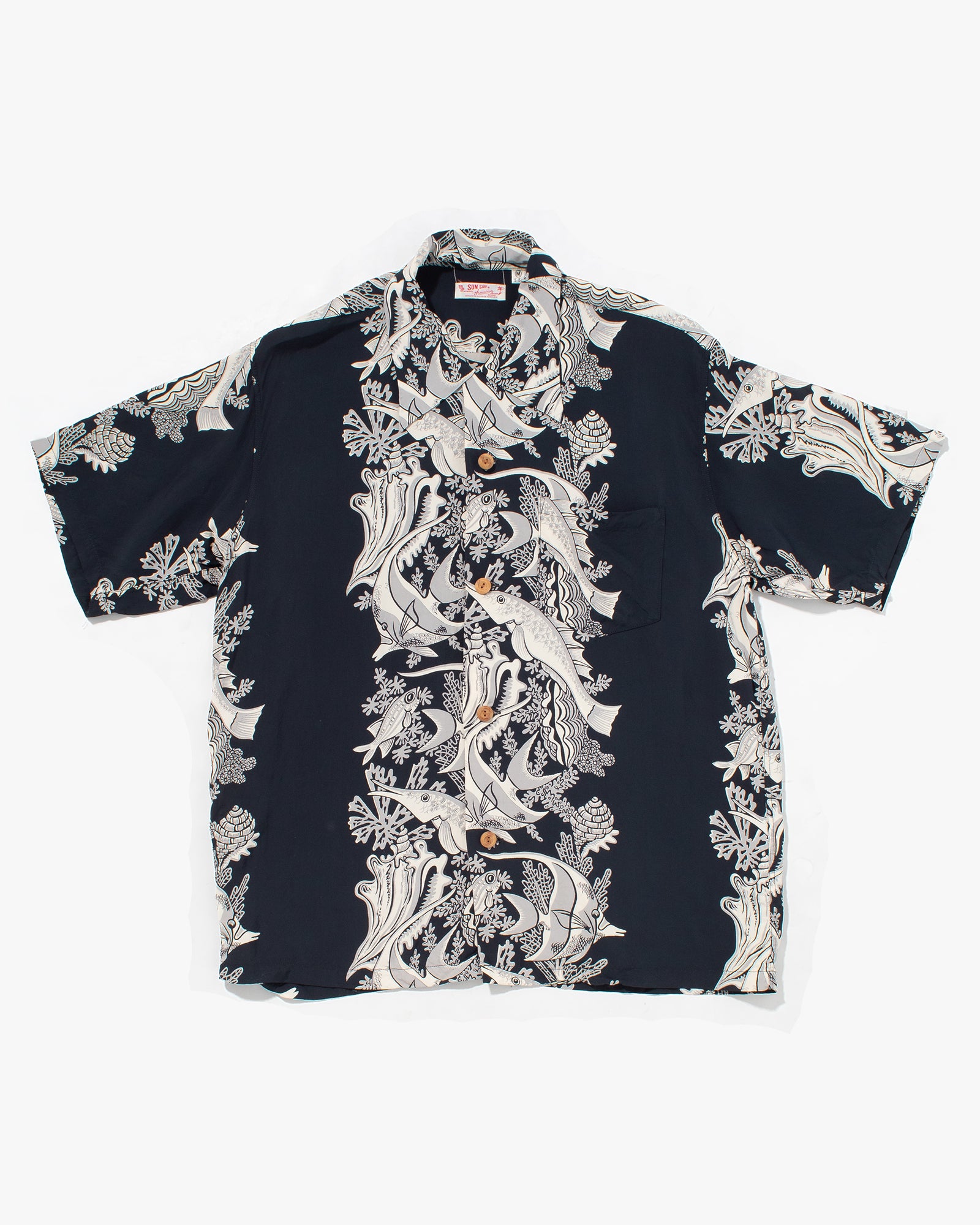 Japanese Repro, Short Sleeve Aloha Shirt, Sun Surf, Navy with Fish - M