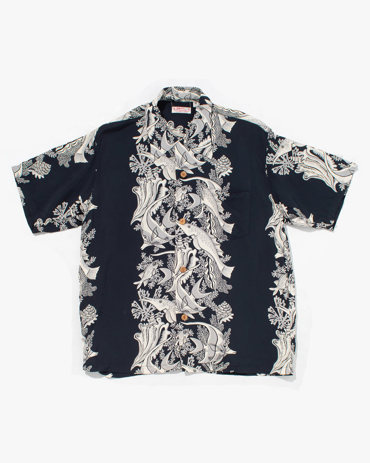 Japanese Repro, Short Sleeve Aloha Shirt, Sun Surf, Navy with Fish - M