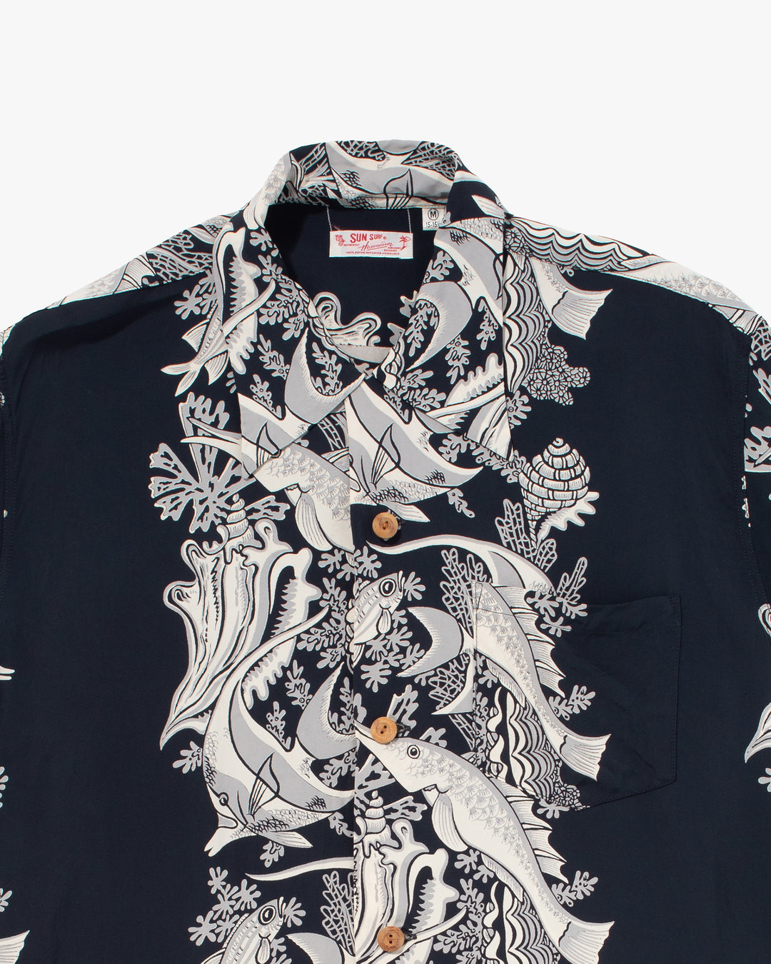 Japanese Repro, Short Sleeve Aloha Shirt, Sun Surf, Navy with Fish - M