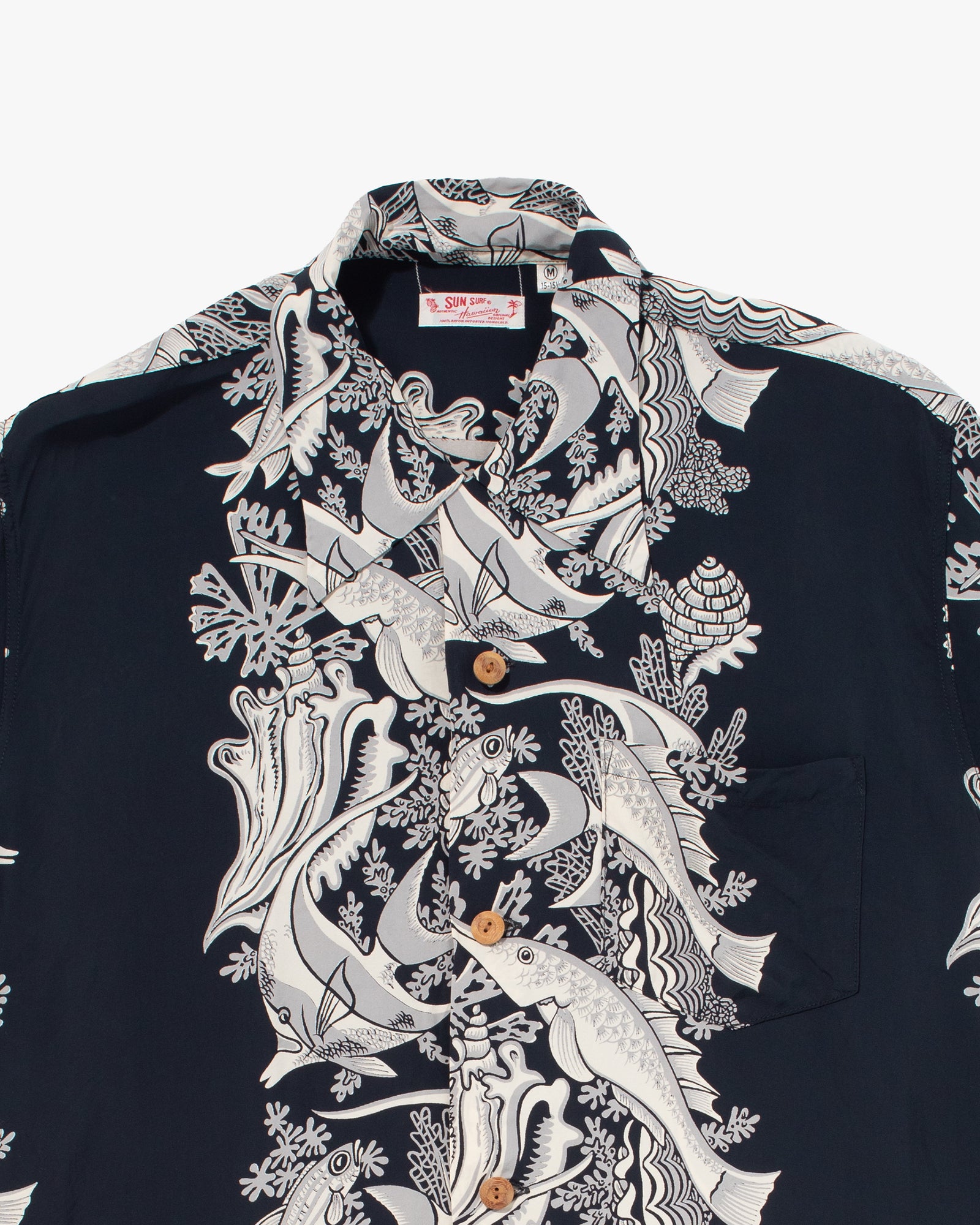 Japanese Repro, Short Sleeve Aloha Shirt, Sun Surf, Navy with Fish - M