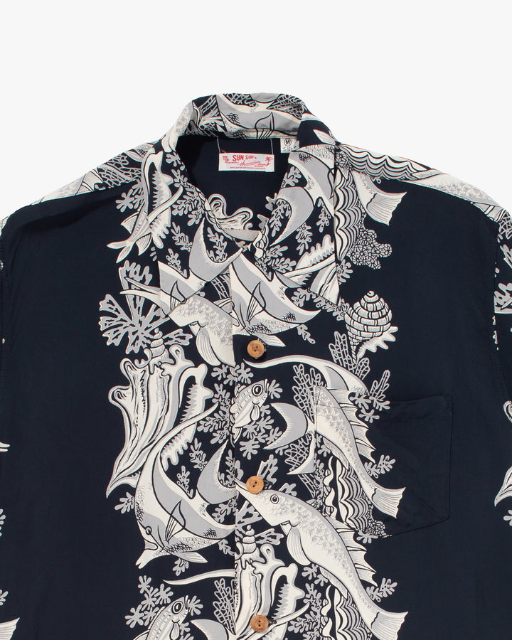 Japanese Repro, Short Sleeve Aloha Shirt, Sun Surf, Navy with Fish - M