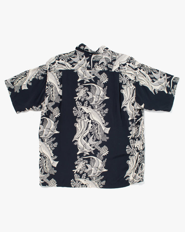 Japanese Repro, Short Sleeve Aloha Shirt, Sun Surf, Navy with Fish - M