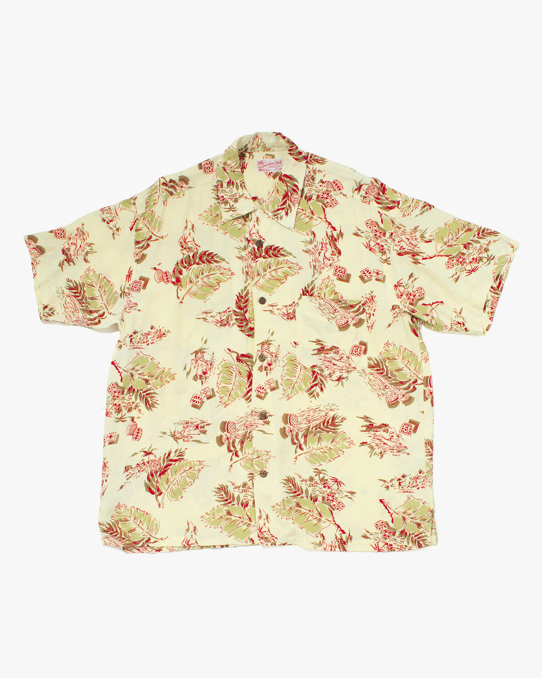 Japanese Repro, Short Sleeve Aloha Shirt, Sun Surf, Pale Yellow with Red Botanical - XL