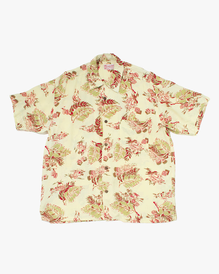 Japanese Repro, Short Sleeve Aloha Shirt, Sun Surf, Pale Yellow with Red Botanical - XL