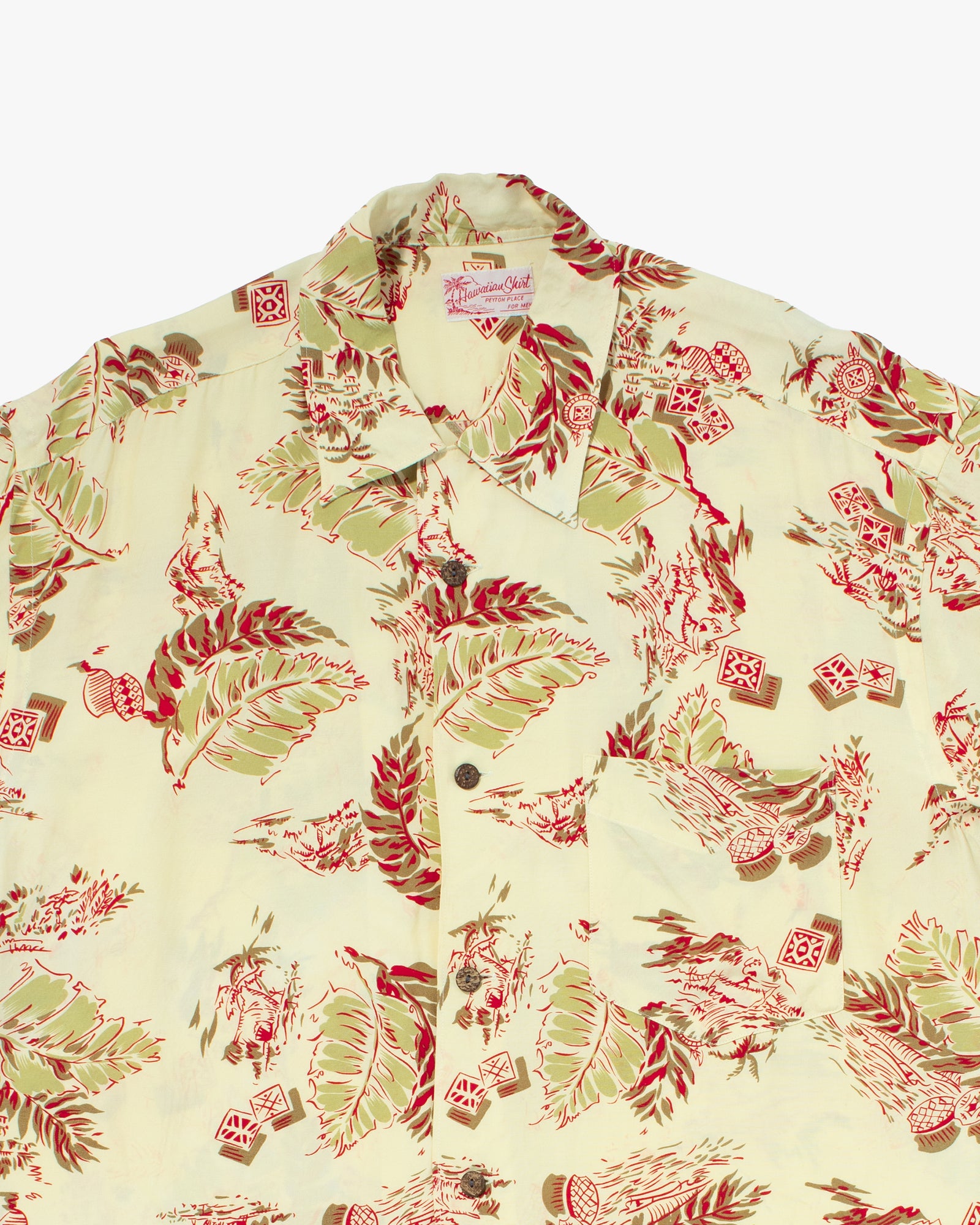 Japanese Repro, Short Sleeve Aloha Shirt, Sun Surf, Pale Yellow with Red Botanical - XL