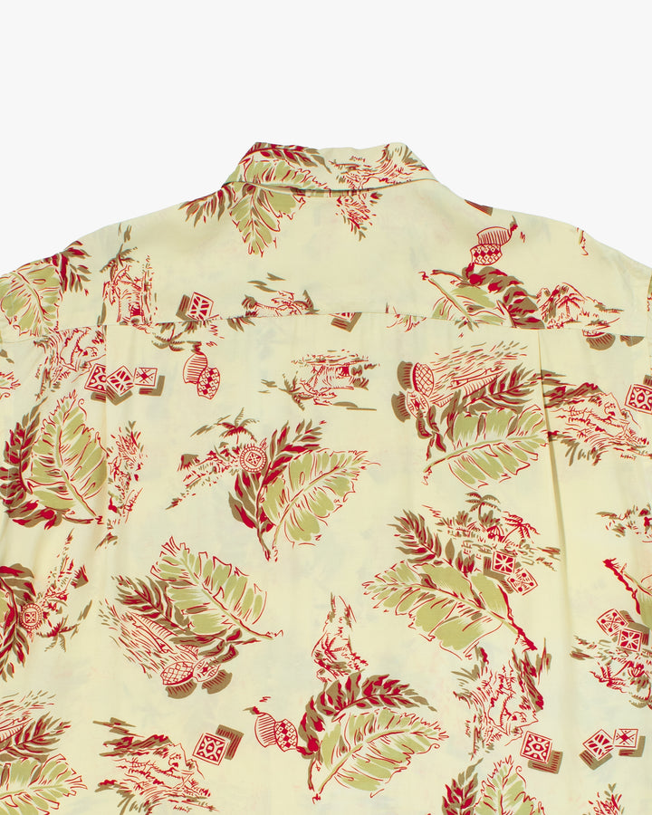 Japanese Repro, Short Sleeve Aloha Shirt, Sun Surf, Pale Yellow with Red Botanical - XL