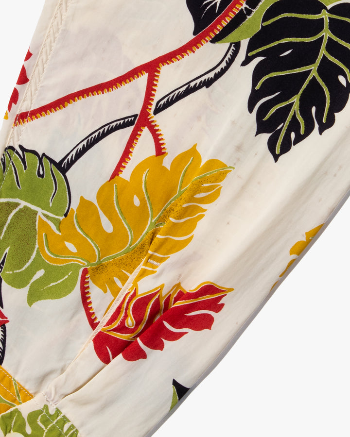 Japanese Repro, Long Sleeve Aloha Shirt, Sun Surf, White with Plant Leaves - M