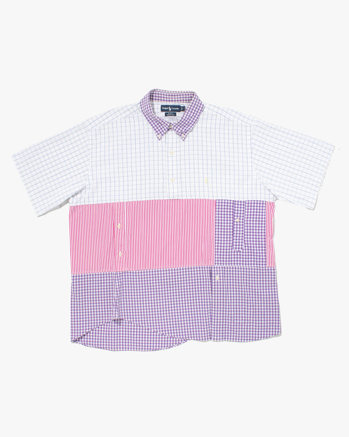 U.S. Vintage Button Up Short Sleeve Shirt, La Rocca, Blue Checker with Pink Stripes - L
