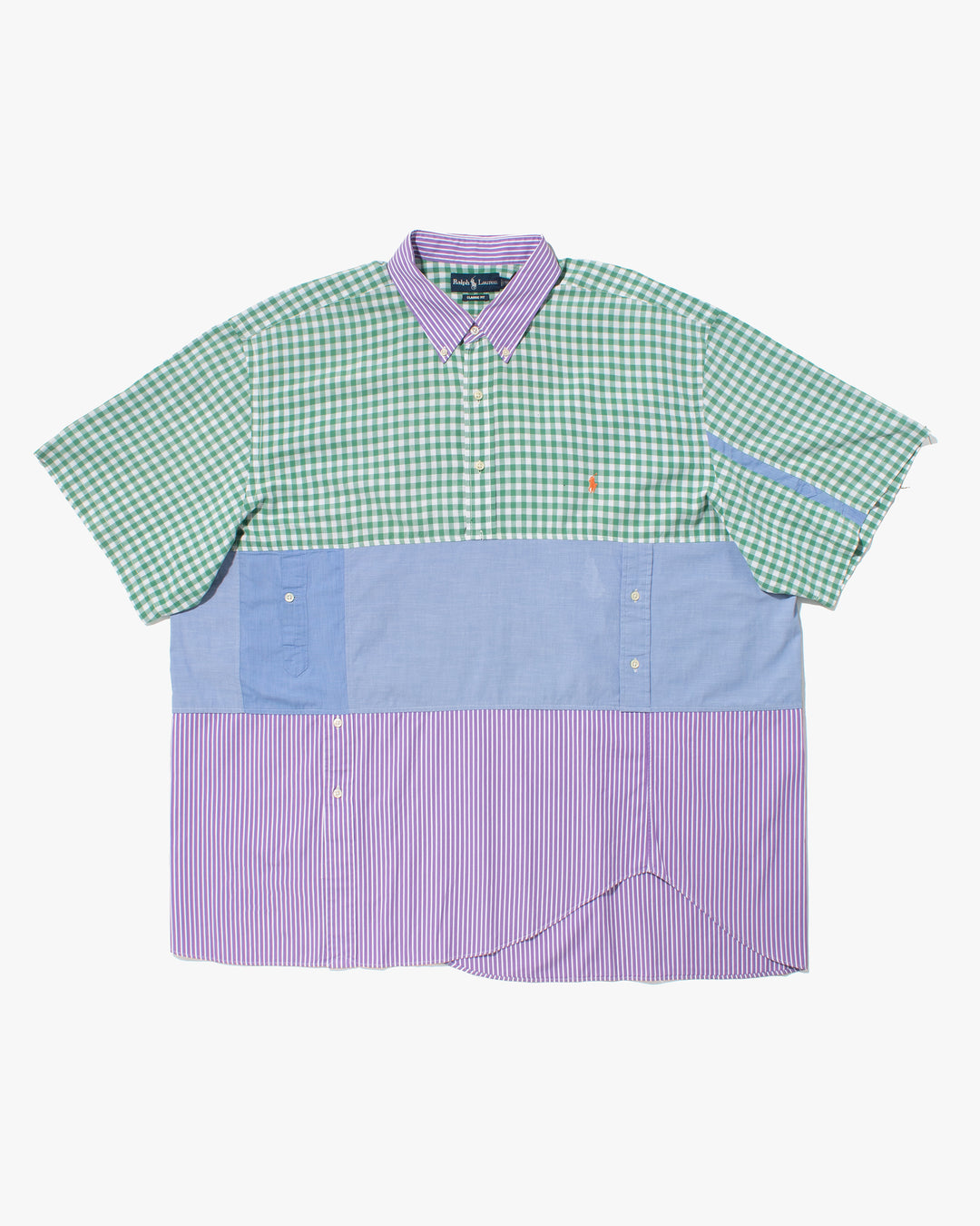 US Vintage Button Up Short Sleeve Shirt, La Rocca, Green Plaid w/ Purple Stripes - XL