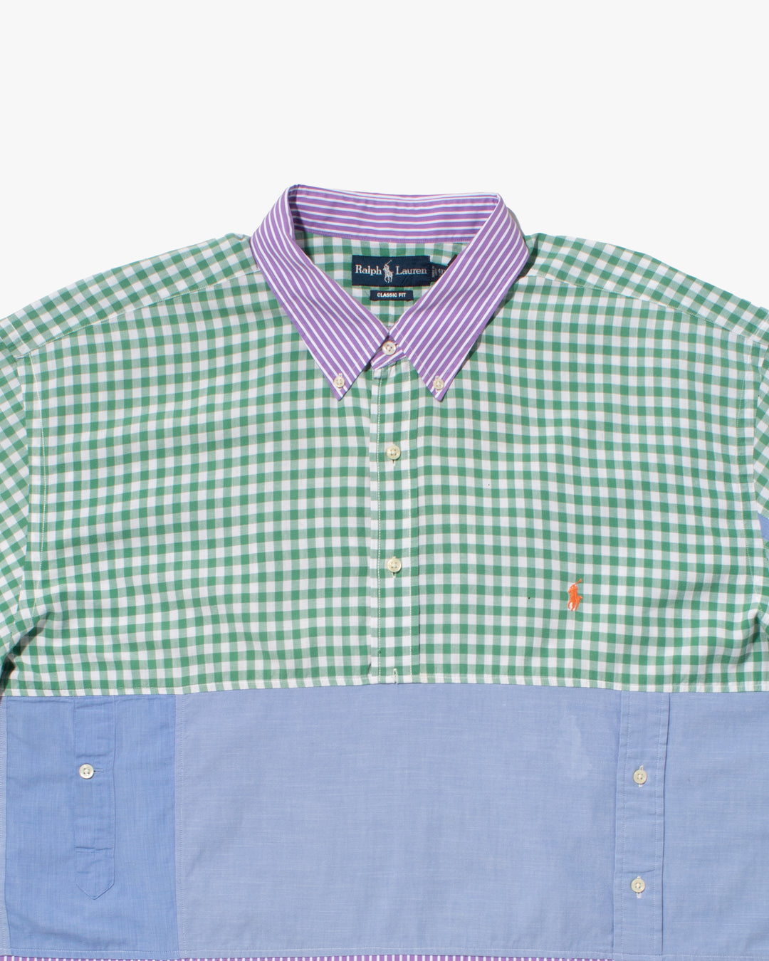 US Vintage Button Up Short Sleeve Shirt, La Rocca, Green Plaid w/ Purple Stripes - XL