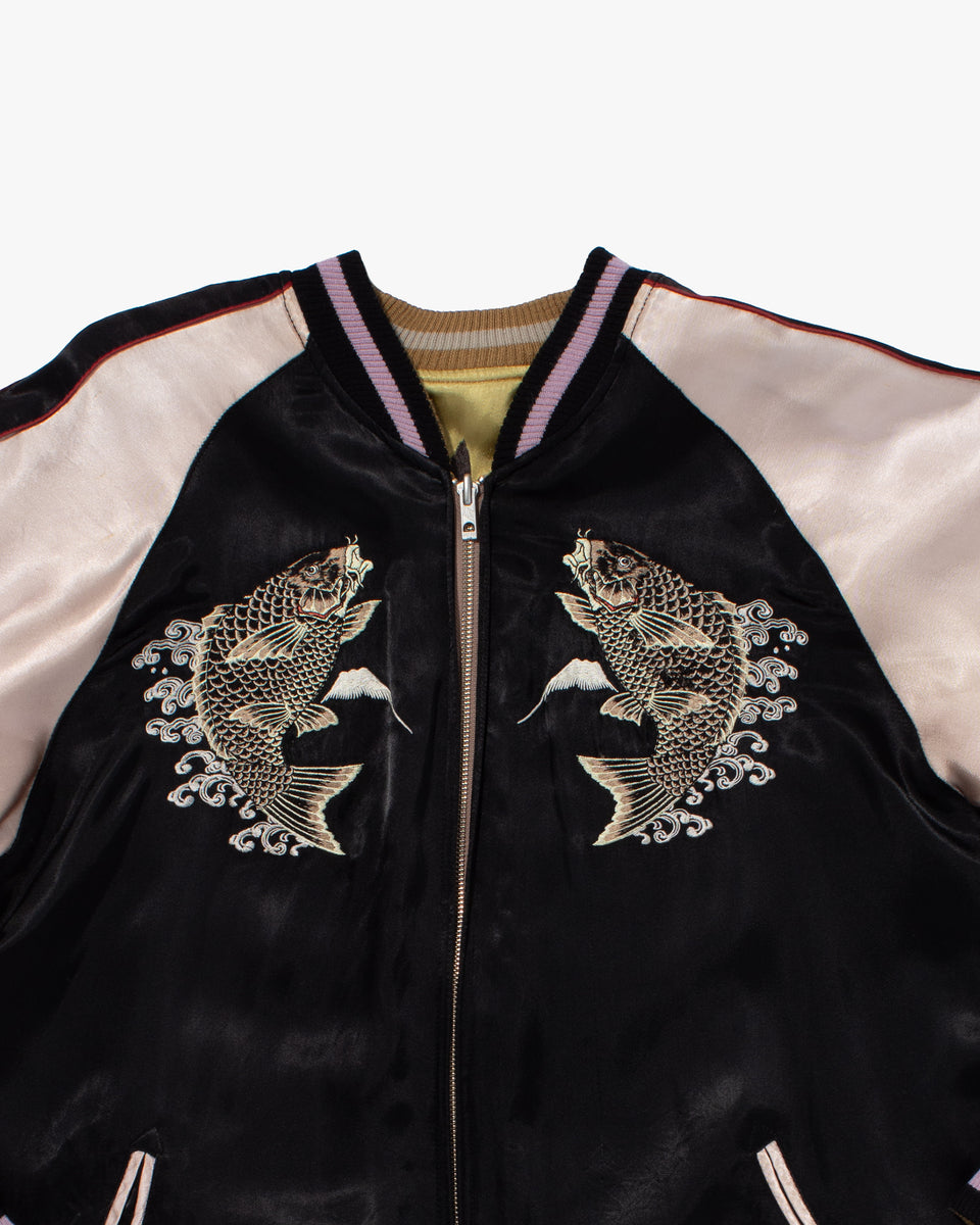 Japanese Repro Souvenir Jacket, Reversible, Black with Pink Carp Scene ...