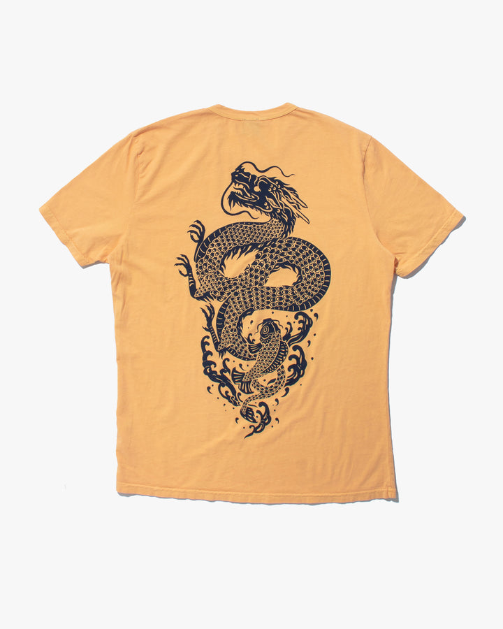 Kiriko Original Tee, 6 oz Cotton, Yellow with Indigo Koi-Dragon