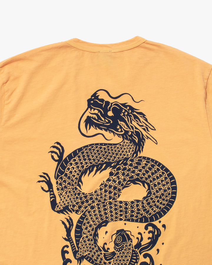 Kiriko Original Tee, 6 oz Cotton, Yellow with Indigo Koi-Dragon