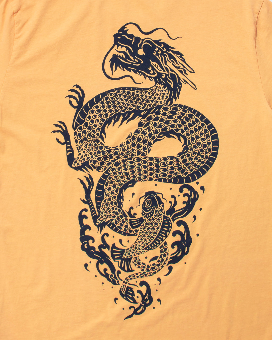 Kiriko Original Tee, 6 oz Cotton, Yellow with Indigo Koi-Dragon