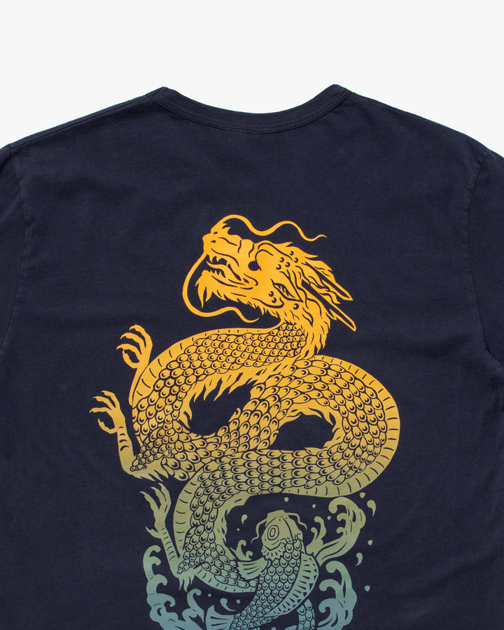 Kiriko Original Tee, 6 oz Cotton, Navy with Yellow Gradient Koi-Dragon