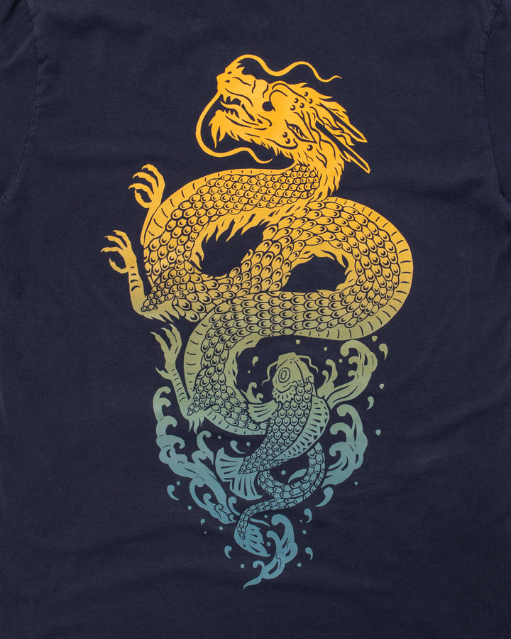 Kiriko Original Tee, 6 oz Cotton, Navy with Yellow Gradient Koi-Dragon