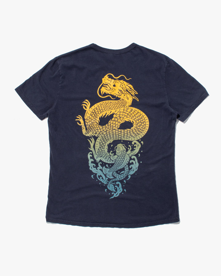 Kiriko Original Tee, 6 oz Cotton, Navy with Yellow Gradient Koi-Dragon