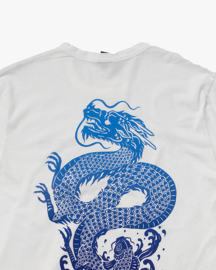 Kiriko Original Tee, 6 oz Cotton, White with Blue Gradient Koi-Dragon