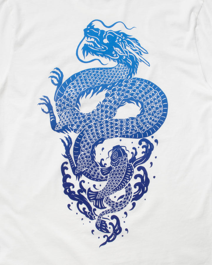 Kiriko Original Tee, 6 oz Cotton, White with Blue Gradient Koi-Dragon