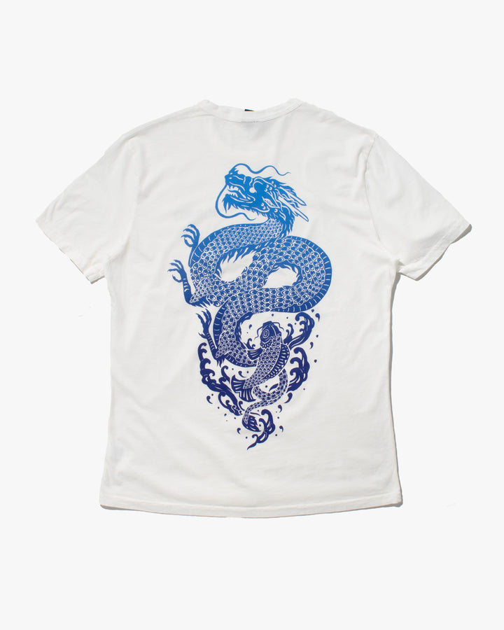 Kiriko Original Tee, 6 oz Cotton, White with Blue Gradient Koi-Dragon