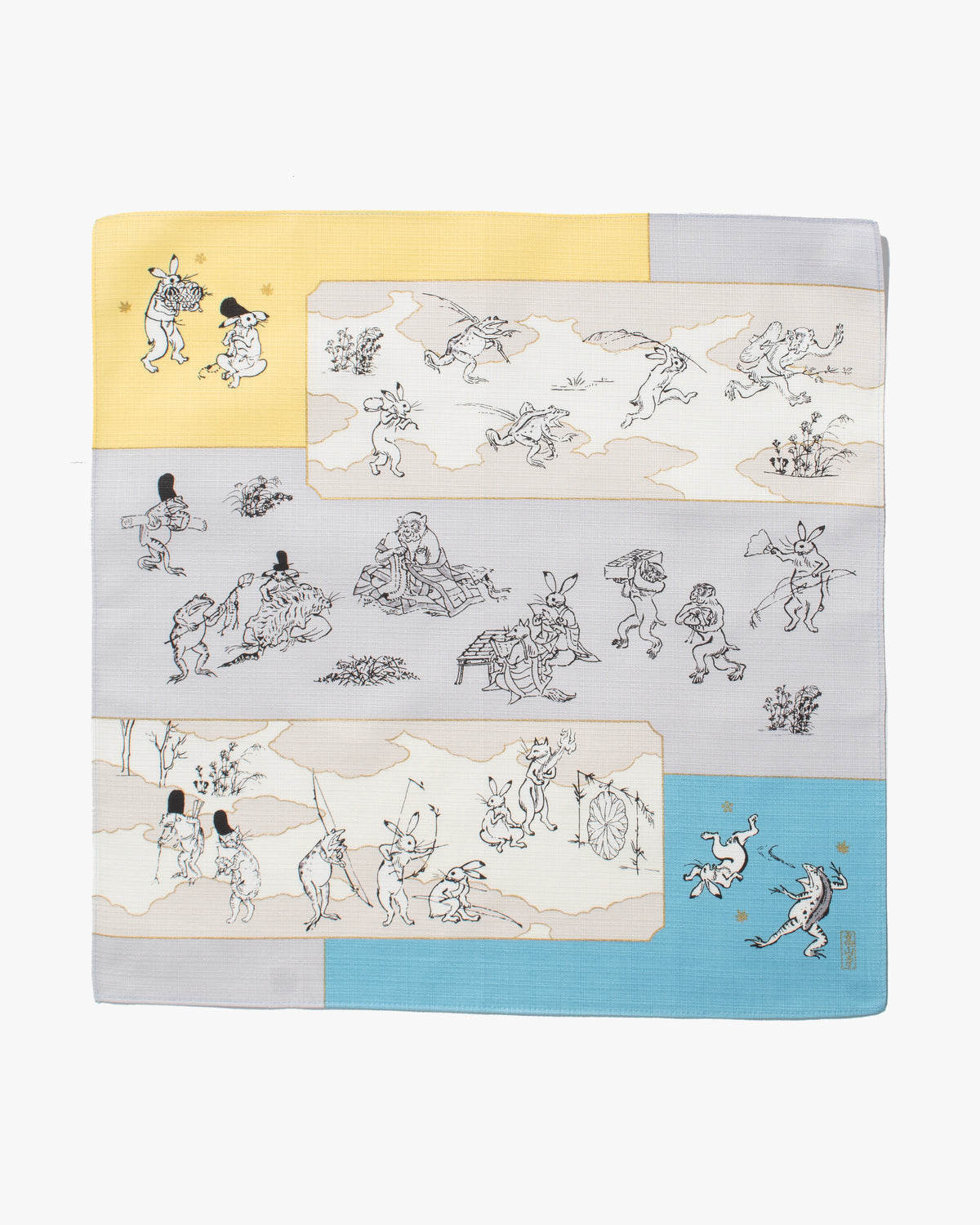 Modern Furoshiki, Musubi, Reversible, Choju Jinbutsu Giga, Yellow and Blue, 19.5" x 19.5"