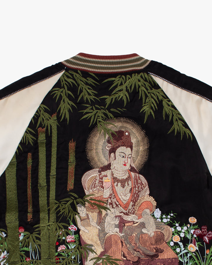Japanese Repro Souvenir Jacket, Reversible, Black with Temple Scene - M