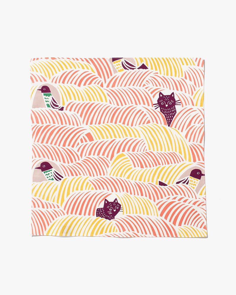 Modern Furoshiki, Musubi, Kata Kata, Cats &amp; Birds, Pink 17.5" x 17.5"
