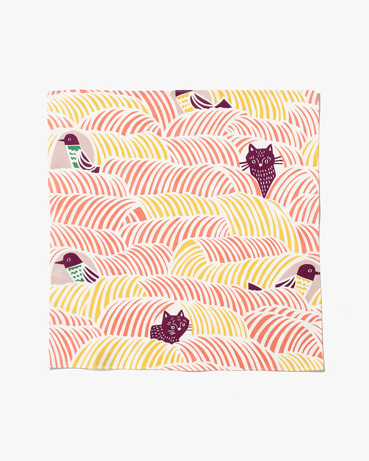 Modern Furoshiki, Musubi, Kata Kata, Cats &amp; Birds, Pink 17.5" x 17.5"
