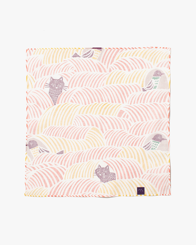 Modern Furoshiki, Musubi, Kata Kata, Cats &amp; Birds, Pink 17.5" x 17.5"