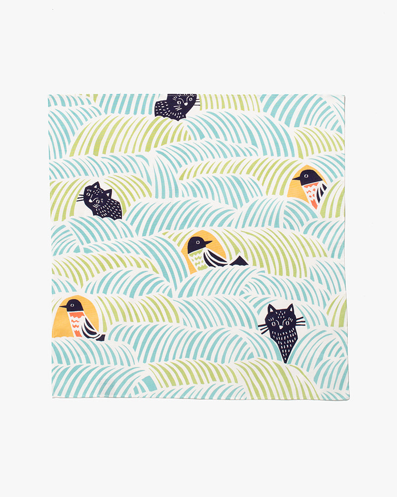 Modern Furoshiki, Musubi, Kata Kata, Cats &amp; Birds, Green 17.5" x 17.5"